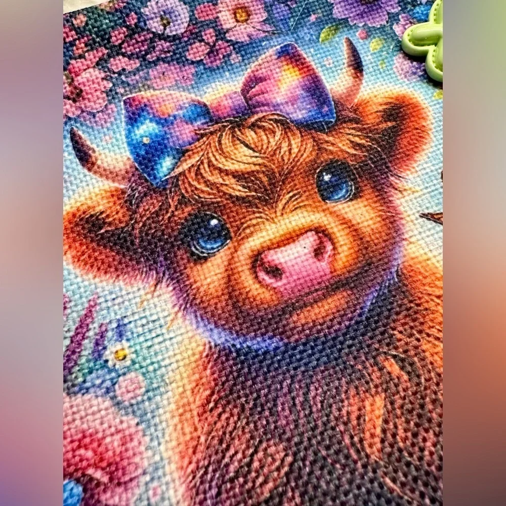 New Baby Highland Cow Makeup Cosmetic Tech Pencil Bag w/ Flower Charm - 8.75”